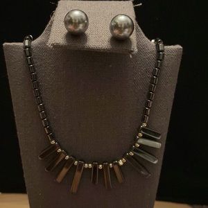 Charcoal /silver colored heavy beaded necklace with large matching earrings